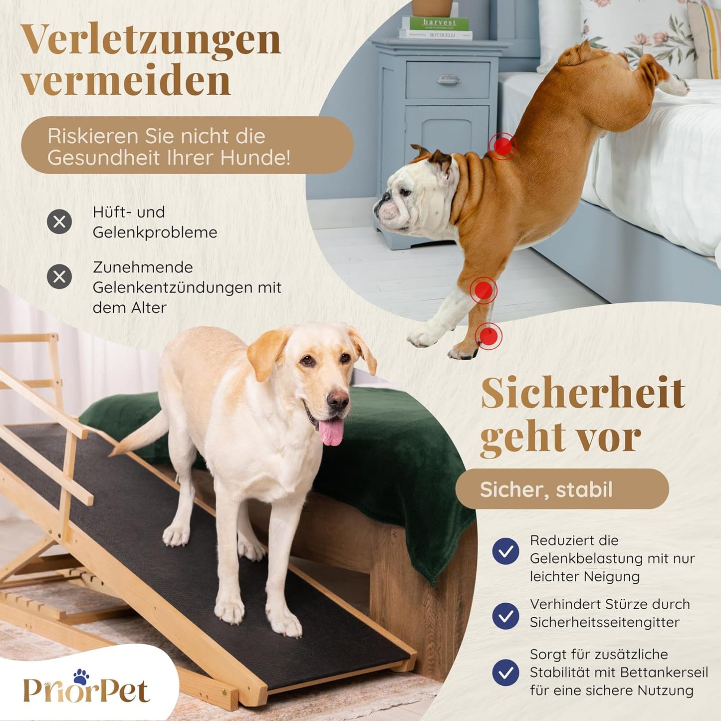 Hunderampe Bett mit Sicherheitsgeländer - Für Große Hunde bis zu 90 kg - Höhenverstellbare hundetreppe für Betten bis zu 94.5cm - Breite 49,5 cm - Klappbar - Anti-Rutsch-Griff - Birkenholz