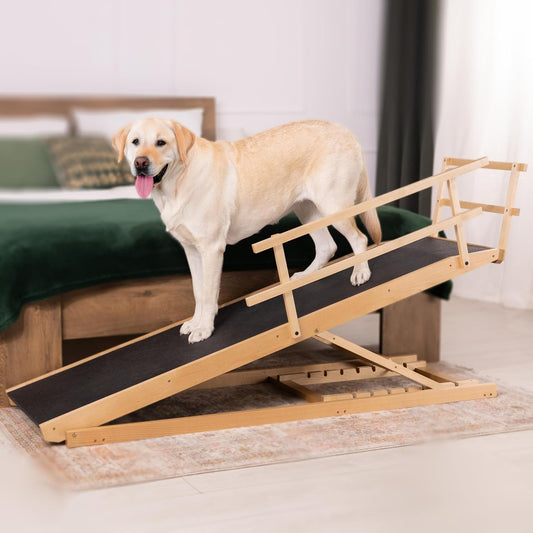 Hunderampe Bett mit Sicherheitsgeländer - Für Große Hunde bis zu 90 kg - Höhenverstellbare hundetreppe für Betten bis zu 94.5cm - Breite 49,5 cm - Klappbar - Anti-Rutsch-Griff - Birkenholz