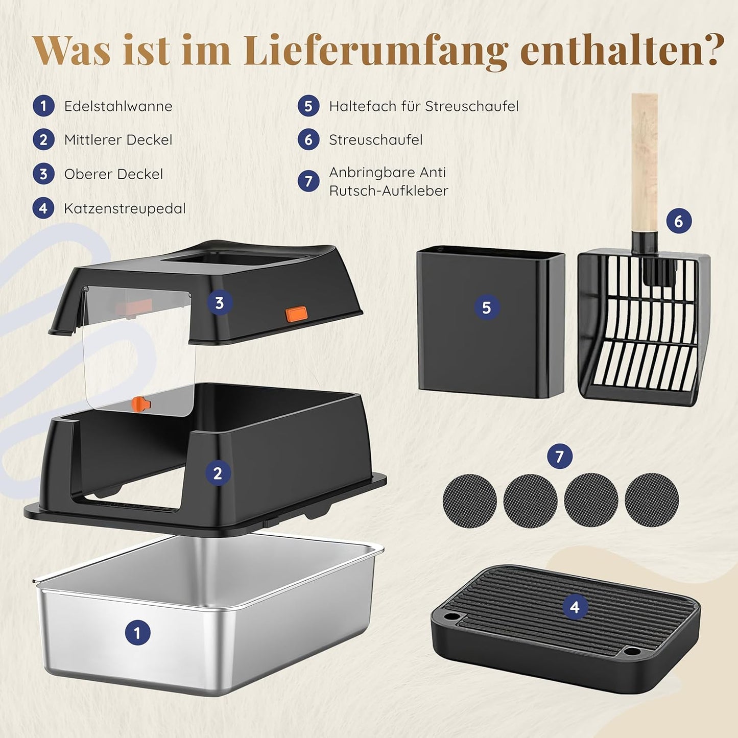 Katzenklo Edelstahl mit Deckel XXL – Geschlossene Katzentoilette mit 2 Eingängen, Trittstufe, Schaufel & Matte – Leicht zu Reinigen, Geruchshemmend, Cat Litter Box für große Katzen