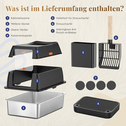 Katzenklo Edelstahl mit Deckel XXL – Geschlossene Katzentoilette mit 2 Eingängen, Trittstufe, Schaufel & Matte – Leicht zu Reinigen, Geruchshemmend, Cat Litter Box für große Katzen