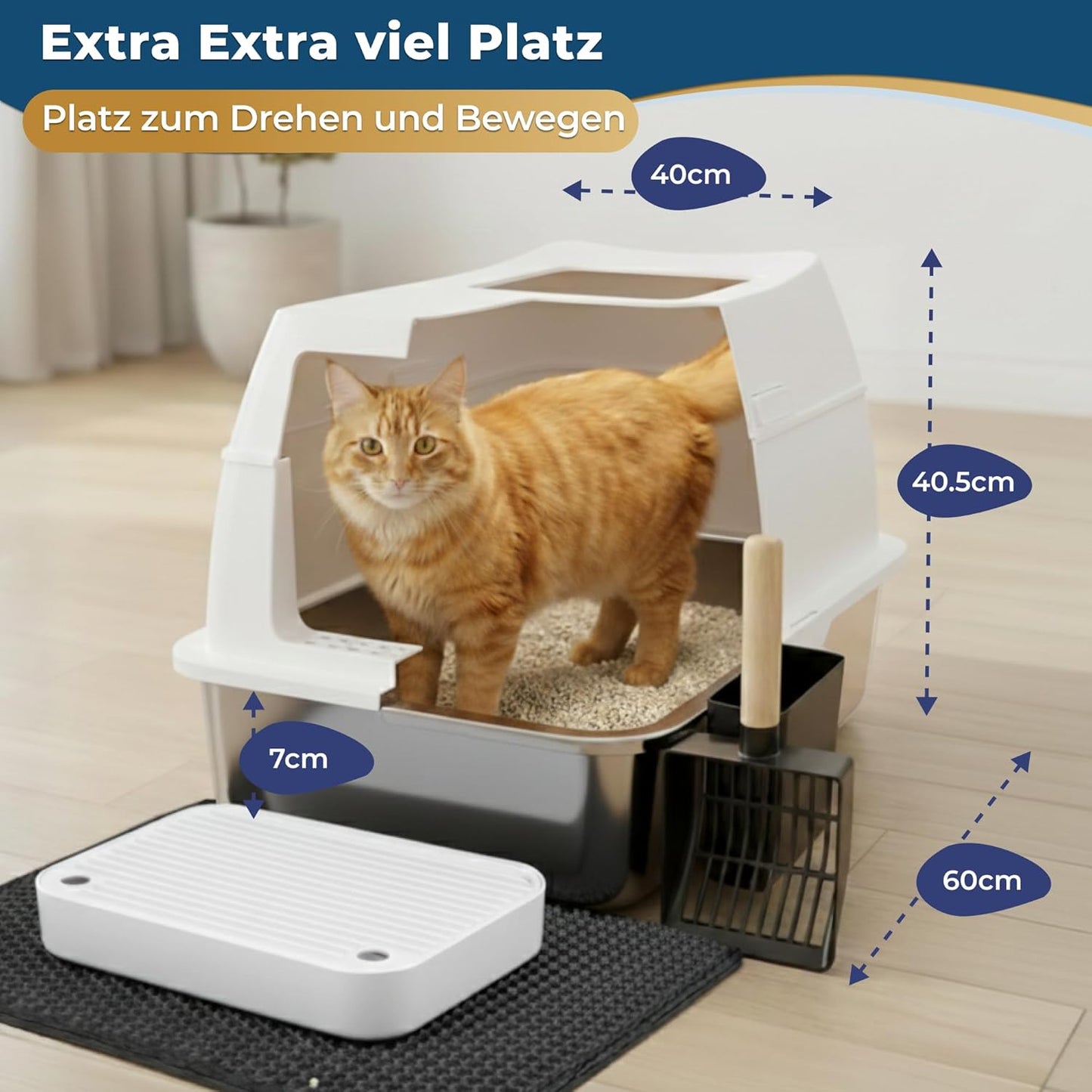 Katzenklo Edelstahl mit Deckel XXL – Geschlossene Katzentoilette mit 2 Eingängen, Trittstufe, Schaufel & Matte – Leicht zu Reinigen, Geruchshemmend, Cat Litter Box für große Katzen