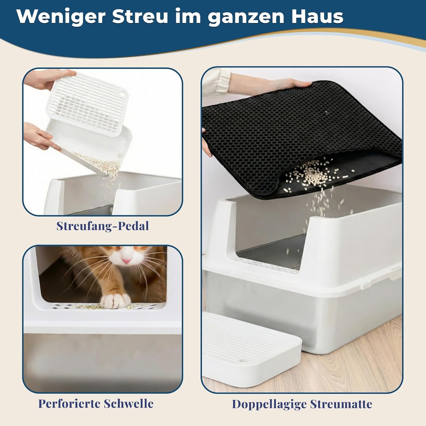 Katzenklo Edelstahl mit Deckel XXL – Geschlossene Katzentoilette mit 2 Eingängen, Trittstufe, Schaufel & Matte – Leicht zu Reinigen, Geruchshemmend, Cat Litter Box für große Katzen