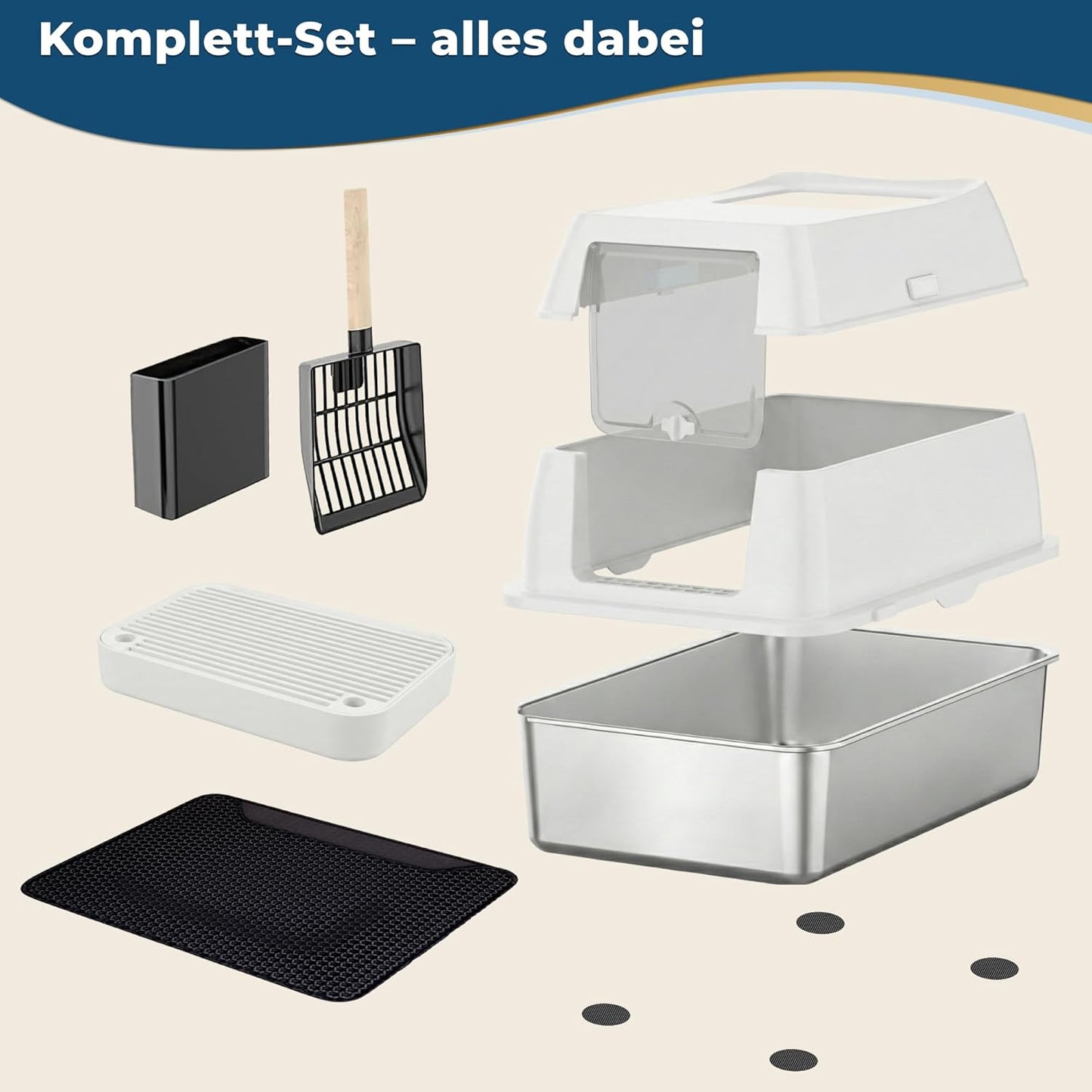Katzenklo Edelstahl mit Deckel XXL – Geschlossene Katzentoilette mit 2 Eingängen, Trittstufe, Schaufel & Matte – Leicht zu Reinigen, Geruchshemmend, Cat Litter Box für große Katzen