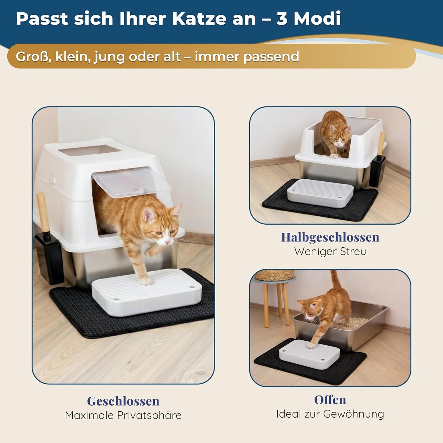 Katzenklo Edelstahl mit Deckel XXL – Geschlossene Katzentoilette mit 2 Eingängen, Trittstufe, Schaufel & Matte – Leicht zu Reinigen, Geruchshemmend, Cat Litter Box für große Katzen