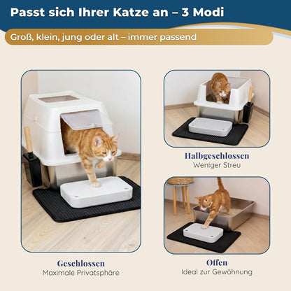 Katzenklo Edelstahl mit Deckel XXL – Geschlossene Katzentoilette mit 2 Eingängen, Trittstufe, Schaufel & Matte – Leicht zu Reinigen, Geruchshemmend, Cat Litter Box für große Katzen