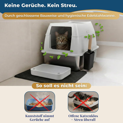 Katzenklo Edelstahl mit Deckel XXL – Geschlossene Katzentoilette mit 2 Eingängen, Trittstufe, Schaufel & Matte – Leicht zu Reinigen, Geruchshemmend, Cat Litter Box für große Katzen