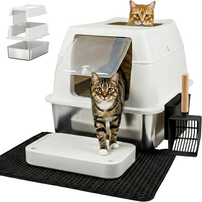 Katzenklo Edelstahl mit Deckel XXL – Geschlossene Katzentoilette mit 2 Eingängen, Trittstufe, Schaufel & Matte – Leicht zu Reinigen, Geruchshemmend, Cat Litter Box für große Katzen