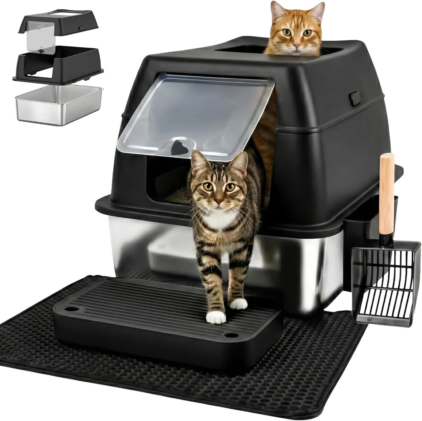Katzenklo Edelstahl mit Deckel XXL – Geschlossene Katzentoilette mit 2 Eingängen, Trittstufe, Schaufel & Matte – Leicht zu Reinigen, Geruchshemmend, Cat Litter Box für große Katzen