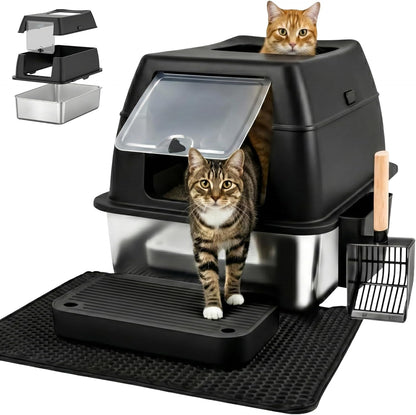 Katzenklo Edelstahl mit Deckel XXL – Geschlossene Katzentoilette mit 2 Eingängen, Trittstufe, Schaufel & Matte – Leicht zu Reinigen, Geruchshemmend, Cat Litter Box für große Katzen