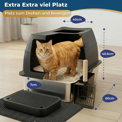 Katzenklo Edelstahl mit Deckel XXL – Geschlossene Katzentoilette mit 2 Eingängen, Trittstufe, Schaufel & Matte – Leicht zu Reinigen, Geruchshemmend, Cat Litter Box für große Katzen