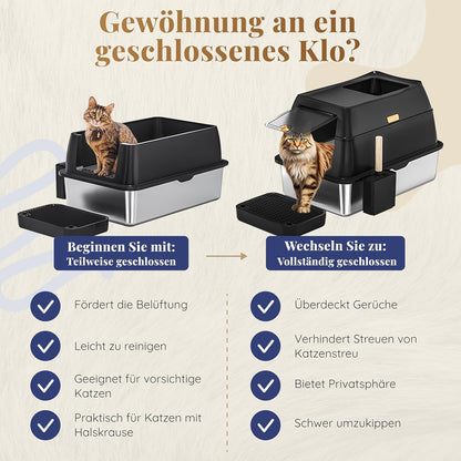 Katzenklo Edelstahl mit Deckel XXL – Geschlossene Katzentoilette mit 2 Eingängen, Trittstufe, Schaufel & Matte – Leicht zu Reinigen, Geruchshemmend, Cat Litter Box für große Katzen