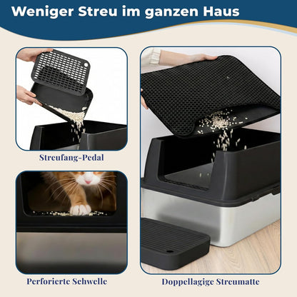 Katzenklo Edelstahl mit Deckel XXL – Geschlossene Katzentoilette mit 2 Eingängen, Trittstufe, Schaufel & Matte – Leicht zu Reinigen, Geruchshemmend, Cat Litter Box für große Katzen