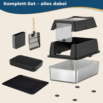 Katzenklo Edelstahl mit Deckel XXL – Geschlossene Katzentoilette mit 2 Eingängen, Trittstufe, Schaufel & Matte – Leicht zu Reinigen, Geruchshemmend, Cat Litter Box für große Katzen