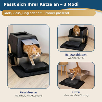 Katzenklo Edelstahl mit Deckel XXL – Geschlossene Katzentoilette mit 2 Eingängen, Trittstufe, Schaufel & Matte – Leicht zu Reinigen, Geruchshemmend, Cat Litter Box für große Katzen