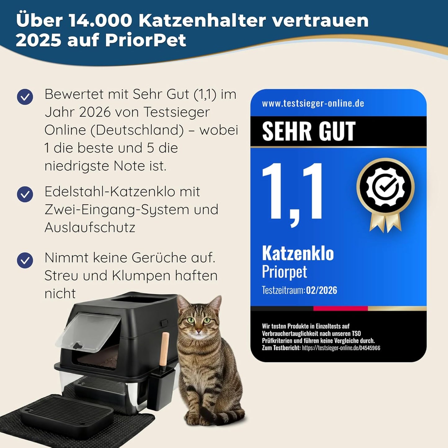Katzenklo Edelstahl mit Deckel XXL – Geschlossene Katzentoilette mit 2 Eingängen, Trittstufe, Schaufel & Matte – Leicht zu Reinigen, Geruchshemmend, Cat Litter Box für große Katzen