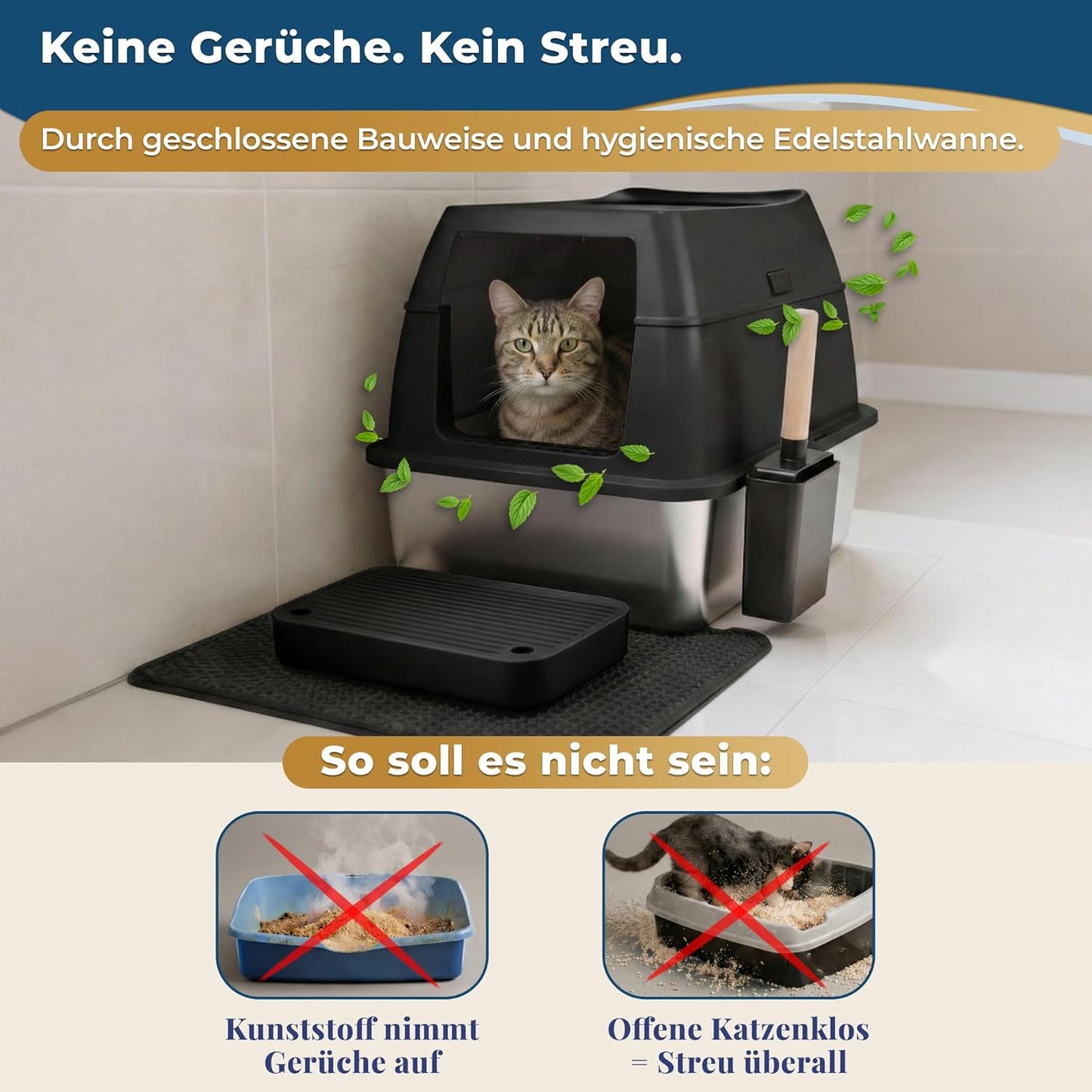Katzenklo Edelstahl mit Deckel XXL – Geschlossene Katzentoilette mit 2 Eingängen, Trittstufe, Schaufel & Matte – Leicht zu Reinigen, Geruchshemmend, Cat Litter Box für große Katzen