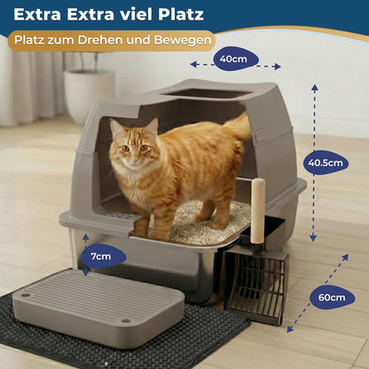 Katzenklo Edelstahl mit Deckel XXL – Geschlossene Katzentoilette mit 2 Eingängen, Trittstufe, Schaufel & Matte – Leicht zu Reinigen, Geruchshemmend, Cat Litter Box für große Katzen