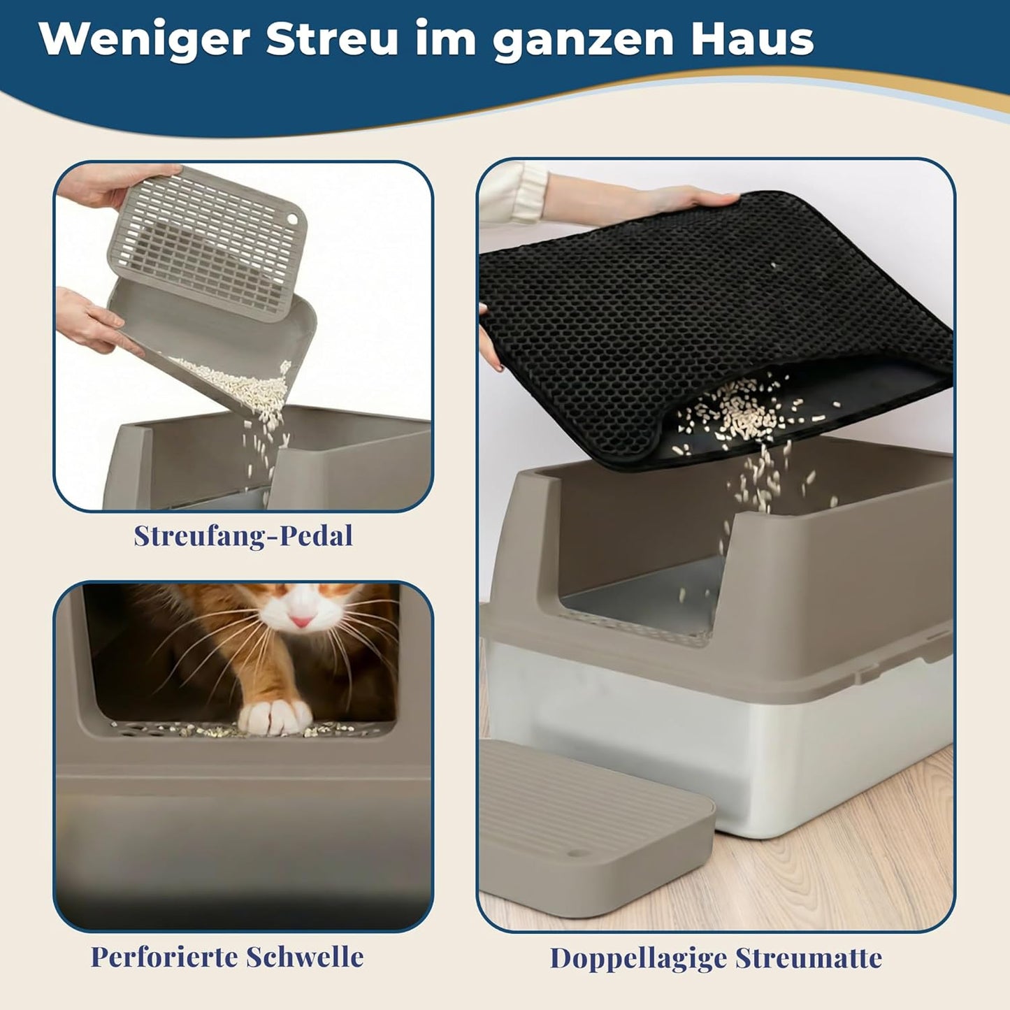 Katzenklo Edelstahl mit Deckel XXL – Geschlossene Katzentoilette mit 2 Eingängen, Trittstufe, Schaufel & Matte – Leicht zu Reinigen, Geruchshemmend, Cat Litter Box für große Katzen