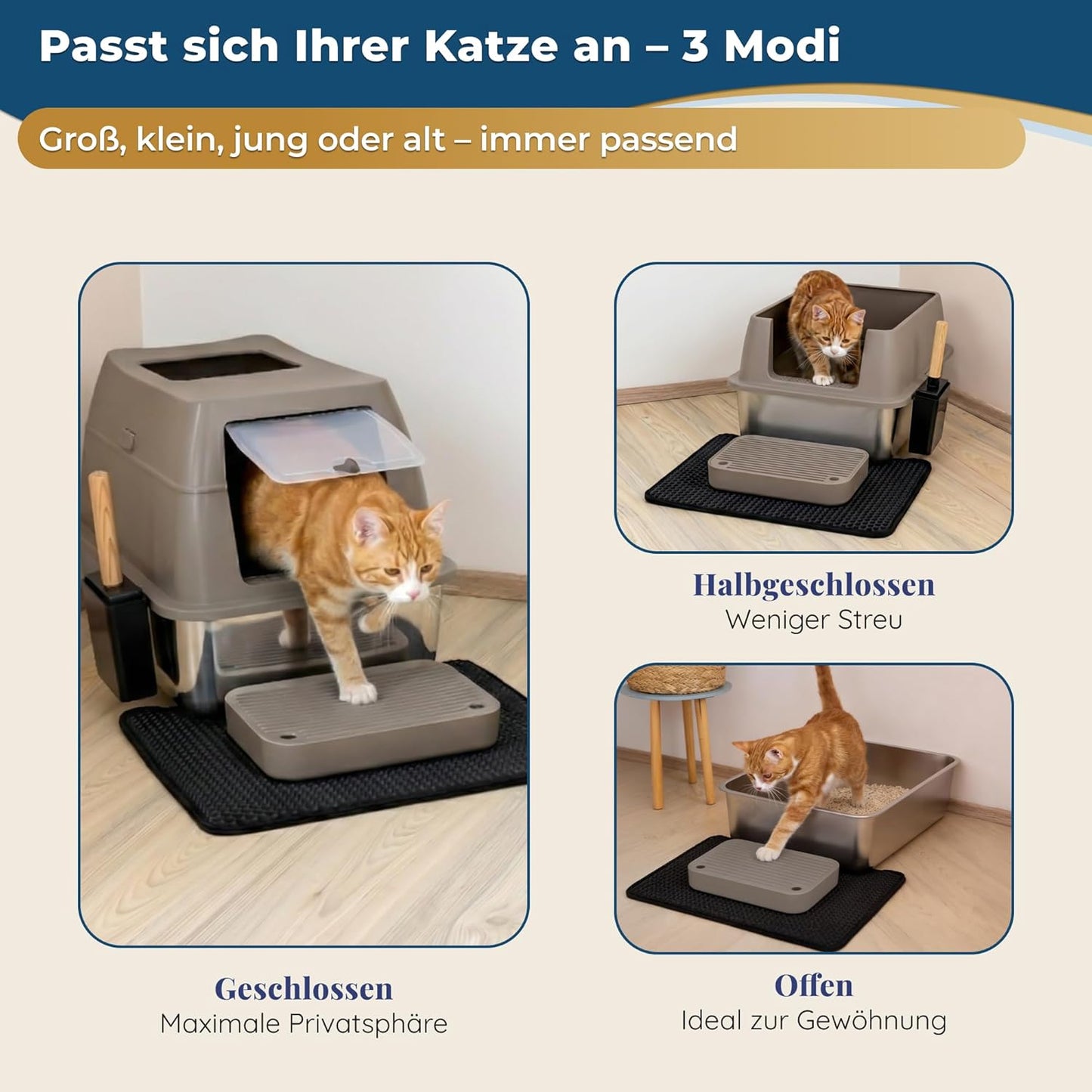 Katzenklo Edelstahl mit Deckel XXL – Geschlossene Katzentoilette mit 2 Eingängen, Trittstufe, Schaufel & Matte – Leicht zu Reinigen, Geruchshemmend, Cat Litter Box für große Katzen