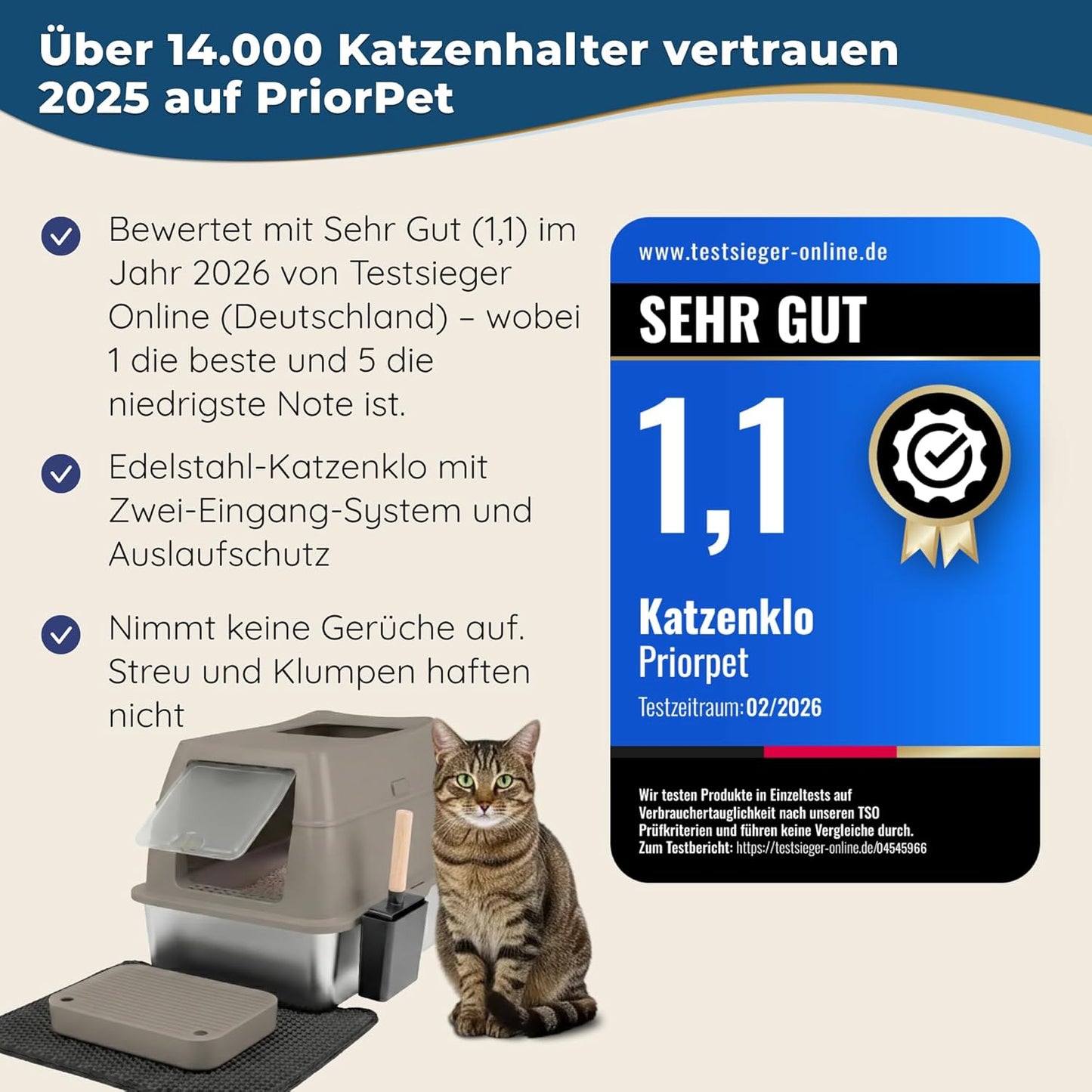 Katzenklo Edelstahl mit Deckel XXL – Geschlossene Katzentoilette mit 2 Eingängen, Trittstufe, Schaufel & Matte – Leicht zu Reinigen, Geruchshemmend, Cat Litter Box für große Katzen