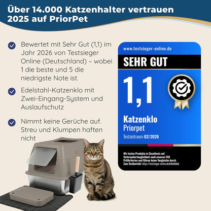 Katzenklo Edelstahl mit Deckel XXL – Geschlossene Katzentoilette mit 2 Eingängen, Trittstufe, Schaufel & Matte – Leicht zu Reinigen, Geruchshemmend, Cat Litter Box für große Katzen