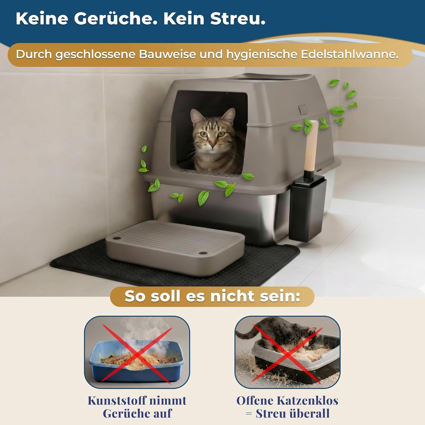 Katzenklo Edelstahl mit Deckel XXL – Geschlossene Katzentoilette mit 2 Eingängen, Trittstufe, Schaufel & Matte – Leicht zu Reinigen, Geruchshemmend, Cat Litter Box für große Katzen