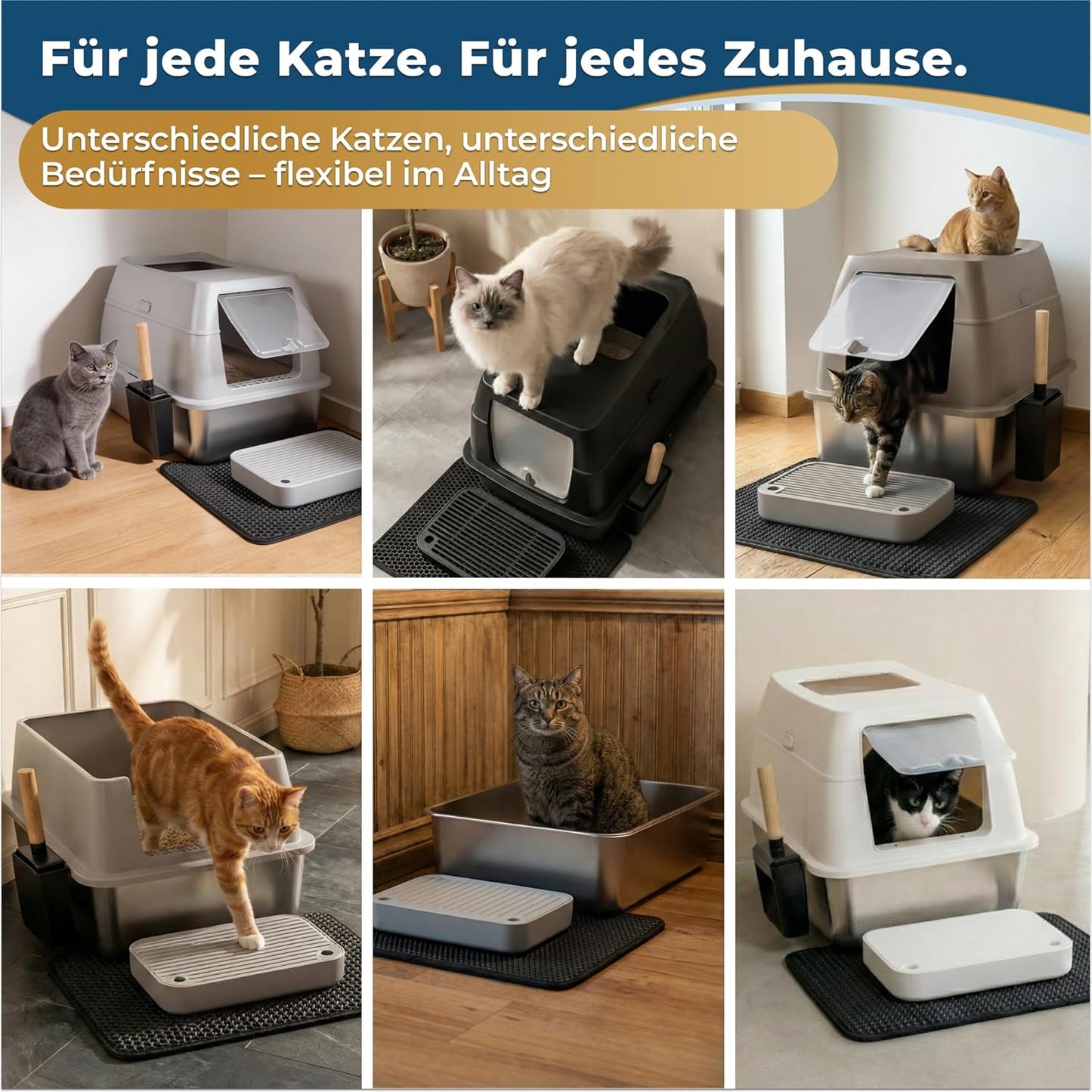 Katzenklo Edelstahl mit Deckel XXL – Geschlossene Katzentoilette mit 2 Eingängen, Trittstufe, Schaufel & Matte – Leicht zu Reinigen, Geruchshemmend, Cat Litter Box für große Katzen