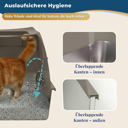 Katzenklo Edelstahl mit Deckel XXL – Geschlossene Katzentoilette mit 2 Eingängen, Trittstufe, Schaufel & Matte – Leicht zu Reinigen, Geruchshemmend, Cat Litter Box für große Katzen