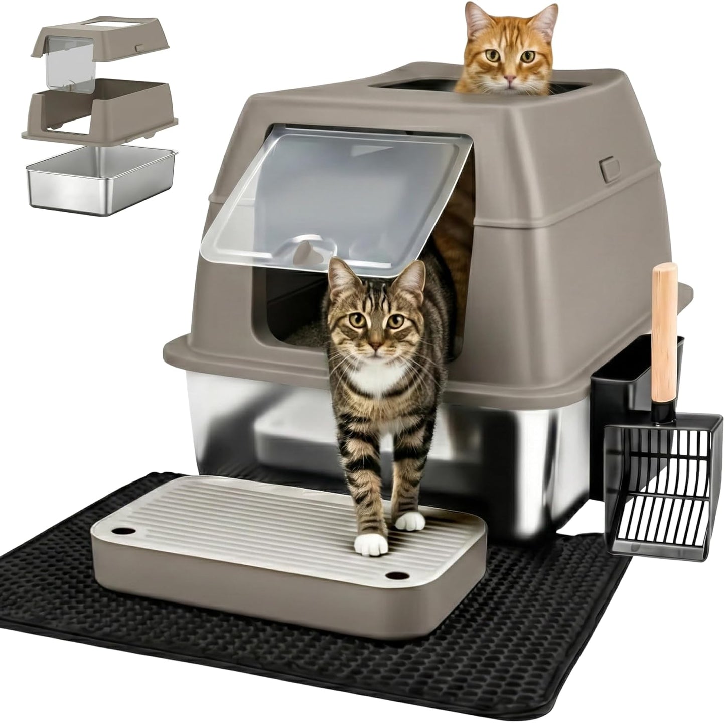 Katzenklo Edelstahl mit Deckel XXL – Geschlossene Katzentoilette mit 2 Eingängen, Trittstufe, Schaufel & Matte – Leicht zu Reinigen, Geruchshemmend, Cat Litter Box für große Katzen