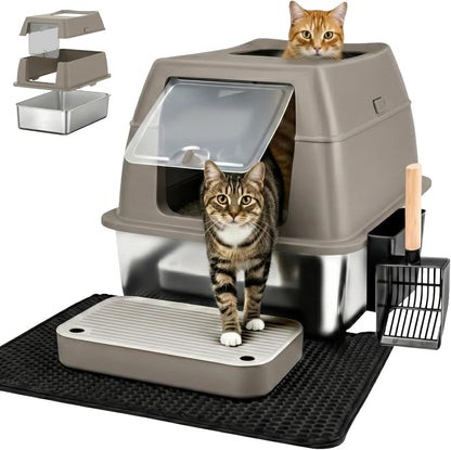 Katzenklo Edelstahl mit Deckel XXL – Geschlossene Katzentoilette mit 2 Eingängen, Trittstufe, Schaufel & Matte – Leicht zu Reinigen, Geruchshemmend, Cat Litter Box für große Katzen