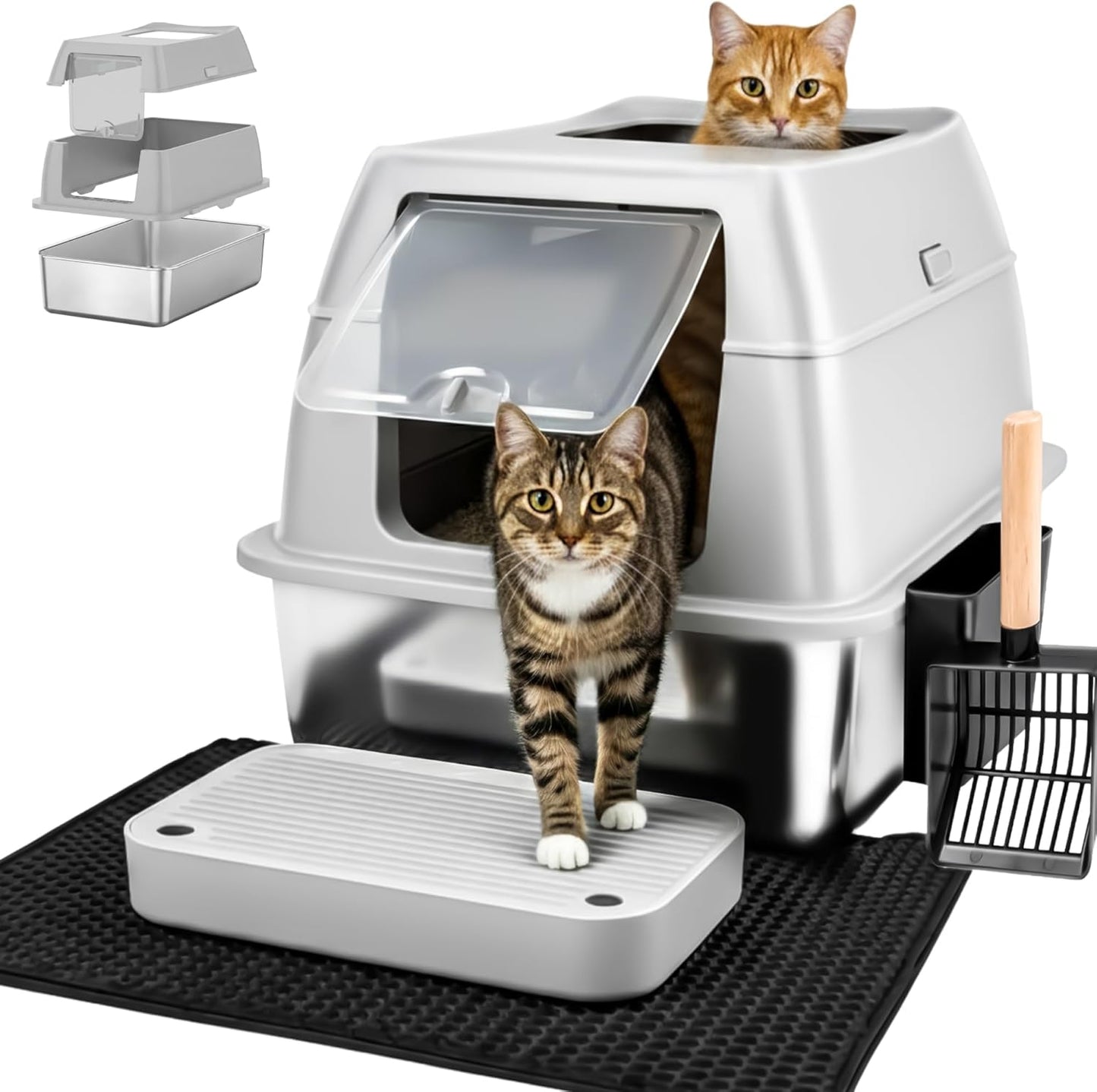 Katzenklo Edelstahl mit Deckel XXL – Geschlossene Katzentoilette mit 2 Eingängen, Trittstufe, Schaufel & Matte – Leicht zu Reinigen, Geruchshemmend, Cat Litter Box für große Katzen