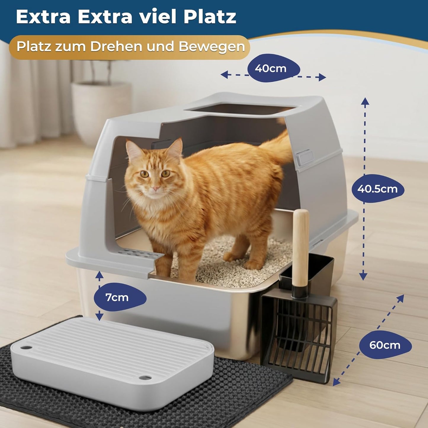 Katzenklo Edelstahl mit Deckel XXL – Geschlossene Katzentoilette mit 2 Eingängen, Trittstufe, Schaufel & Matte – Leicht zu Reinigen, Geruchshemmend, Cat Litter Box für große Katzen