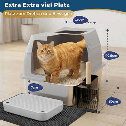 Katzenklo Edelstahl mit Deckel XXL – Geschlossene Katzentoilette mit 2 Eingängen, Trittstufe, Schaufel & Matte – Leicht zu Reinigen, Geruchshemmend, Cat Litter Box für große Katzen