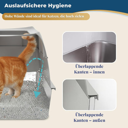 Katzenklo Edelstahl mit Deckel XXL – Geschlossene Katzentoilette mit 2 Eingängen, Trittstufe, Schaufel & Matte – Leicht zu Reinigen, Geruchshemmend, Cat Litter Box für große Katzen