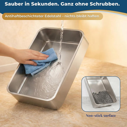 Katzenklo Edelstahl mit Deckel XXL – Geschlossene Katzentoilette mit 2 Eingängen, Trittstufe, Schaufel & Matte – Leicht zu Reinigen, Geruchshemmend, Cat Litter Box für große Katzen