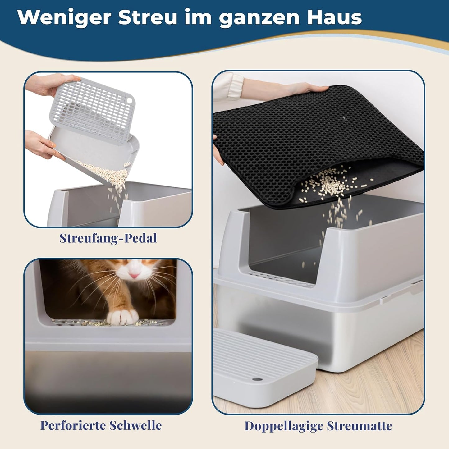 Katzenklo Edelstahl mit Deckel XXL – Geschlossene Katzentoilette mit 2 Eingängen, Trittstufe, Schaufel & Matte – Leicht zu Reinigen, Geruchshemmend, Cat Litter Box für große Katzen