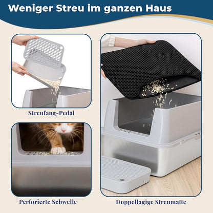 Katzenklo Edelstahl mit Deckel XXL – Geschlossene Katzentoilette mit 2 Eingängen, Trittstufe, Schaufel & Matte – Leicht zu Reinigen, Geruchshemmend, Cat Litter Box für große Katzen