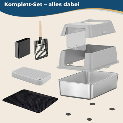 Katzenklo Edelstahl mit Deckel XXL – Geschlossene Katzentoilette mit 2 Eingängen, Trittstufe, Schaufel & Matte – Leicht zu Reinigen, Geruchshemmend, Cat Litter Box für große Katzen