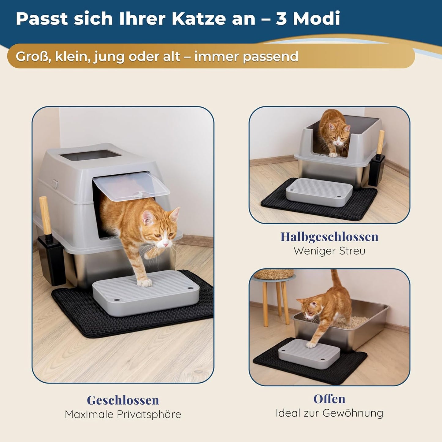 Katzenklo Edelstahl mit Deckel XXL – Geschlossene Katzentoilette mit 2 Eingängen, Trittstufe, Schaufel & Matte – Leicht zu Reinigen, Geruchshemmend, Cat Litter Box für große Katzen