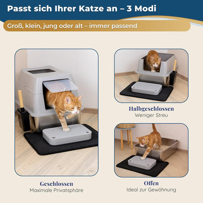 Katzenklo Edelstahl mit Deckel XXL – Geschlossene Katzentoilette mit 2 Eingängen, Trittstufe, Schaufel & Matte – Leicht zu Reinigen, Geruchshemmend, Cat Litter Box für große Katzen