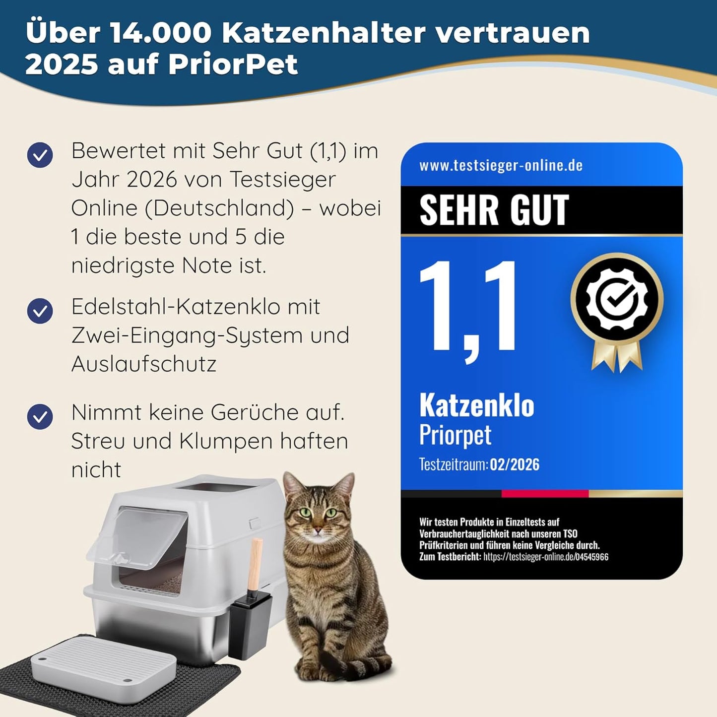 Katzenklo Edelstahl mit Deckel XXL – Geschlossene Katzentoilette mit 2 Eingängen, Trittstufe, Schaufel & Matte – Leicht zu Reinigen, Geruchshemmend, Cat Litter Box für große Katzen