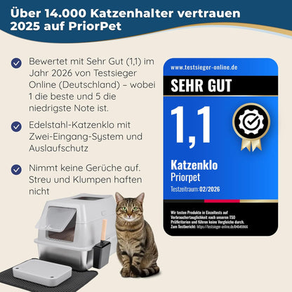 Katzenklo Edelstahl mit Deckel XXL – Geschlossene Katzentoilette mit 2 Eingängen, Trittstufe, Schaufel & Matte – Leicht zu Reinigen, Geruchshemmend, Cat Litter Box für große Katzen