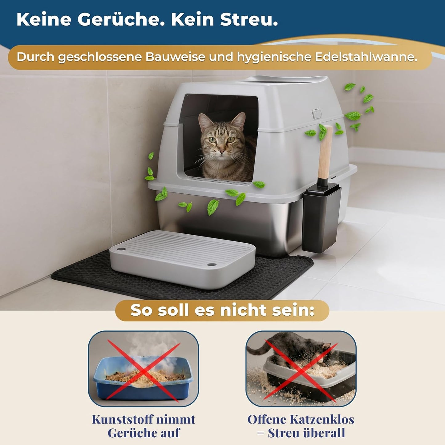 Katzenklo Edelstahl mit Deckel XXL – Geschlossene Katzentoilette mit 2 Eingängen, Trittstufe, Schaufel & Matte – Leicht zu Reinigen, Geruchshemmend, Cat Litter Box für große Katzen