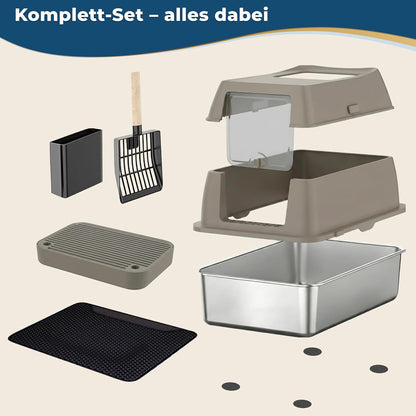 Katzenklo Edelstahl mit Deckel XXL – Geschlossene Katzentoilette mit 2 Eingängen, Trittstufe, Schaufel & Matte – Leicht zu Reinigen, Geruchshemmend, Cat Litter Box für große Katzen