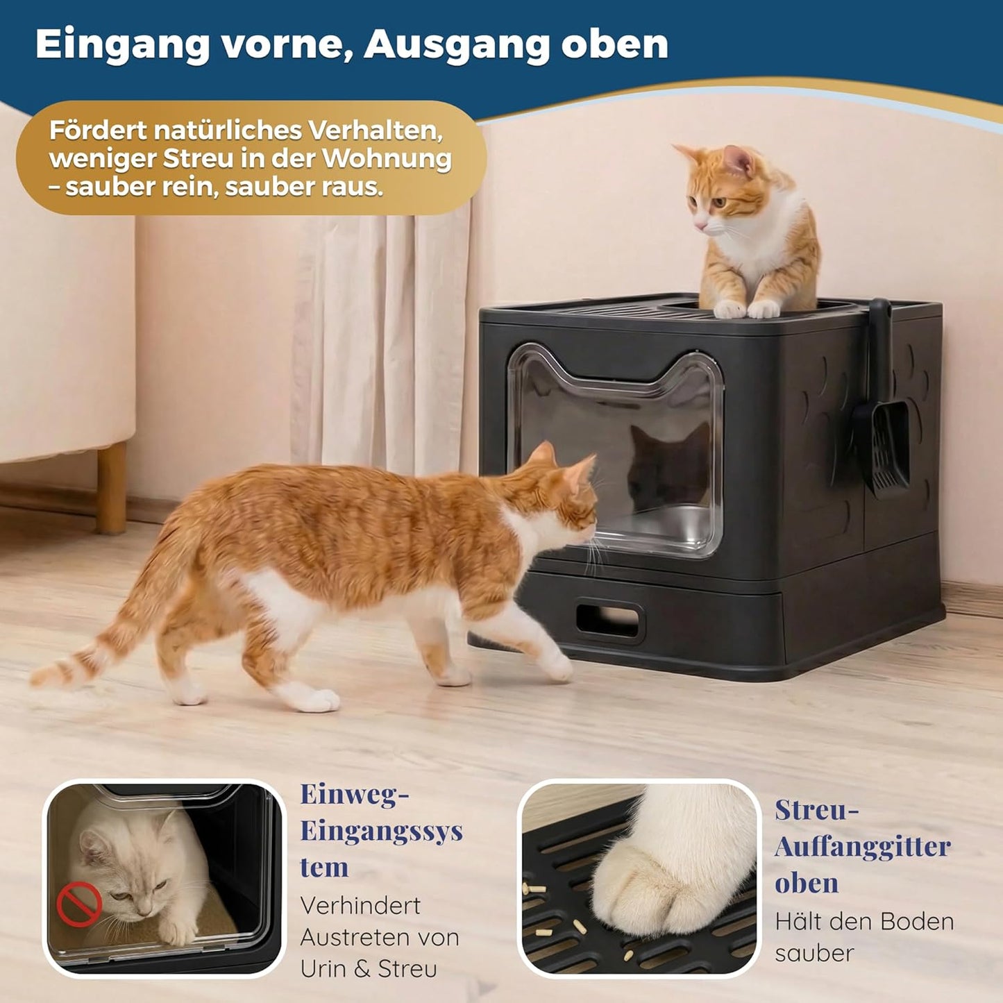 Katzenklo Edelstahl mit Deckel – Faltbare Geschlossene Katzentoilette mit Schublade – Geruchsfrei, Auslaufsicher & Leicht zu Reinigen – Doppelter Eingang/Ausgang – Mit Schaufel (38,3×51×41 cm) – Schwarz