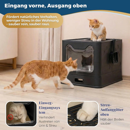 Katzenklo Edelstahl mit Deckel – Faltbare Geschlossene Katzentoilette mit Schublade – Geruchsfrei, Auslaufsicher & Leicht zu Reinigen – Doppelter Eingang/Ausgang – Mit Schaufel (38,3×51×41 cm) – Schwarz