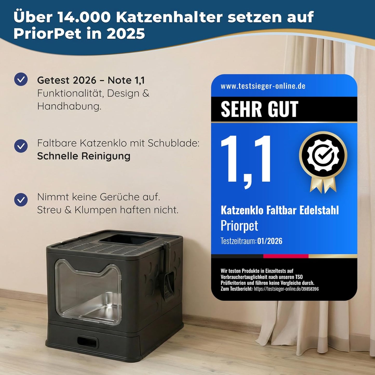 Katzenklo Edelstahl mit Deckel – Faltbare Geschlossene Katzentoilette mit Schublade – Geruchsfrei, Auslaufsicher & Leicht zu Reinigen – Doppelter Eingang/Ausgang – Mit Schaufel (38,3×51×41 cm) – Schwarz