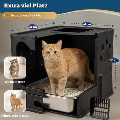 Katzenklo Edelstahl mit Deckel – Faltbare Geschlossene Katzentoilette mit Schublade – Geruchsfrei, Auslaufsicher & Leicht zu Reinigen – Doppelter Eingang/Ausgang – Mit Schaufel (38,3×51×41 cm) – Schwarz