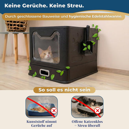 Katzenklo Edelstahl mit Deckel – Faltbare Geschlossene Katzentoilette mit Schublade – Geruchsfrei, Auslaufsicher & Leicht zu Reinigen – Doppelter Eingang/Ausgang – Mit Schaufel (38,3×51×41 cm) – Schwarz