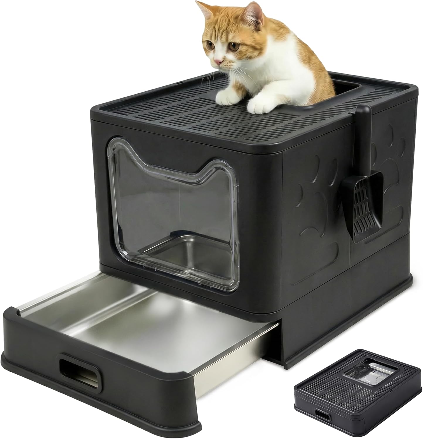 Katzenklo Edelstahl mit Deckel – Faltbare Geschlossene Katzentoilette mit Schublade – Geruchsfrei, Auslaufsicher & Leicht zu Reinigen – Doppelter Eingang/Ausgang – Mit Schaufel (38,3×51×41 cm) – Schwarz